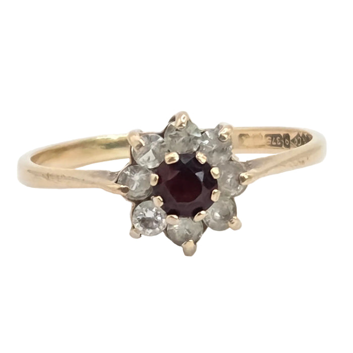 Vintage: 9ct Yellow Gold Garnet & White Spinel Round Cluster Ring — From 1972