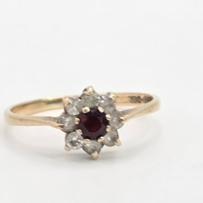 Vintage: 9ct Yellow Gold Garnet & White Spinel Round Cluster Ring — From 1972