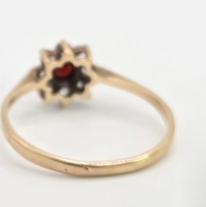 Vintage: 9ct Yellow Gold Garnet & White Spinel Round Cluster Ring — From 1972