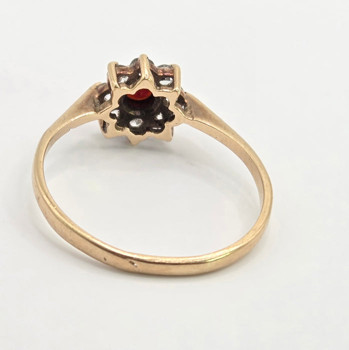 Vintage: 9ct Yellow Gold Garnet & White Spinel Round Cluster Ring — From 1972