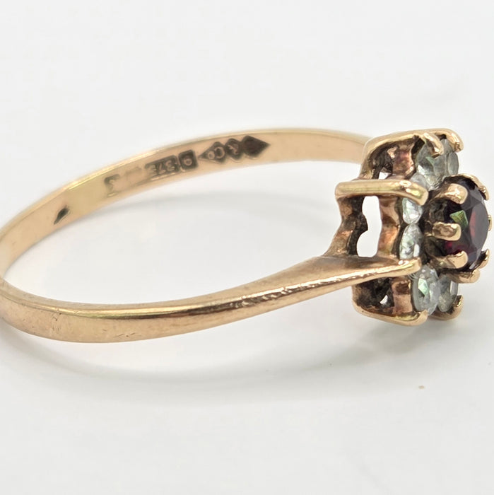Vintage: 9ct Yellow Gold Garnet & White Spinel Round Cluster Ring — From 1972