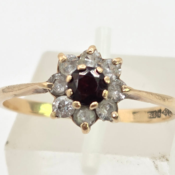 Vintage: 9ct Yellow Gold Garnet & White Spinel Round Cluster Ring — From 1972