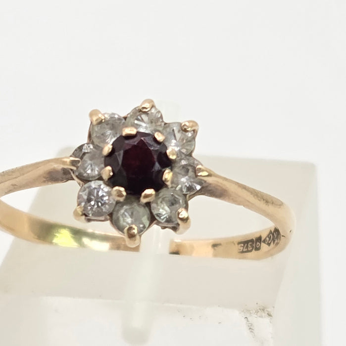 Vintage: 9ct Yellow Gold Garnet & White Spinel Round Cluster Ring — From 1972