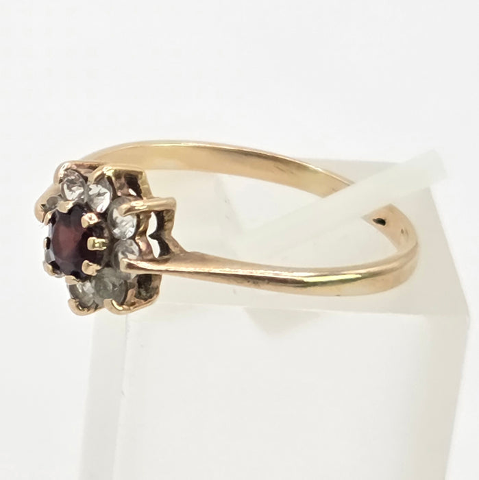 Vintage: 9ct Yellow Gold Garnet & White Spinel Round Cluster Ring — From 1972