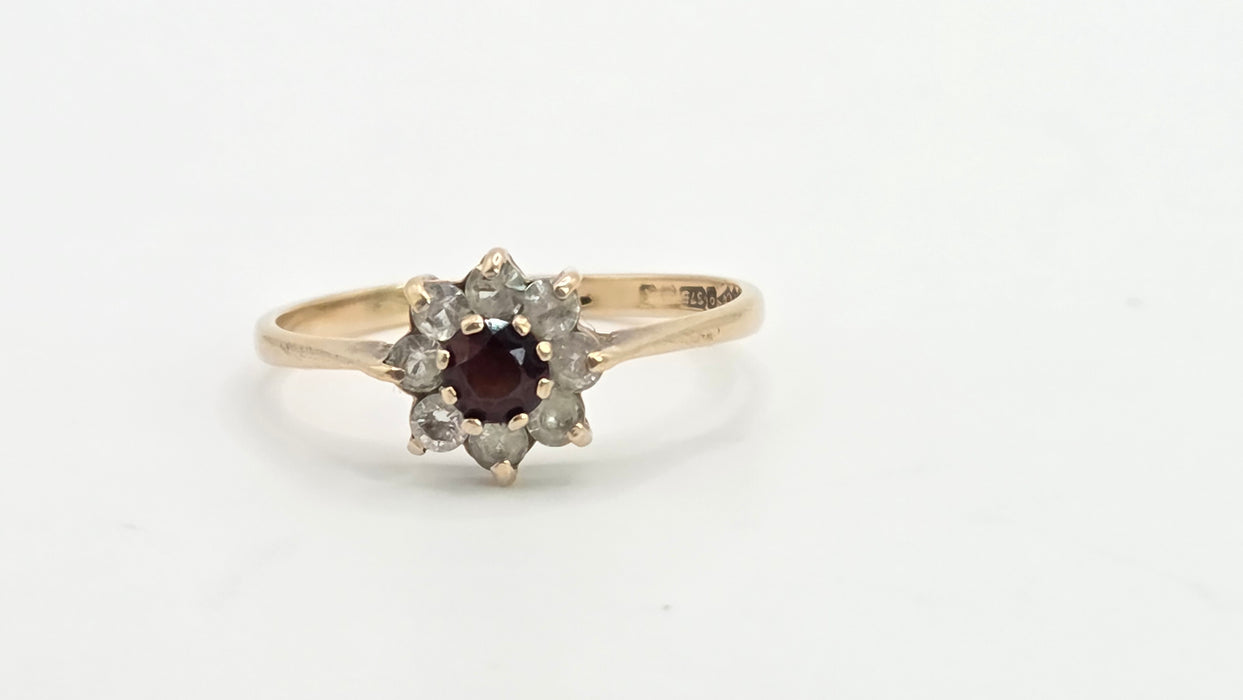 Vintage: 9ct Yellow Gold Garnet & White Spinel Round Cluster Ring — From 1972