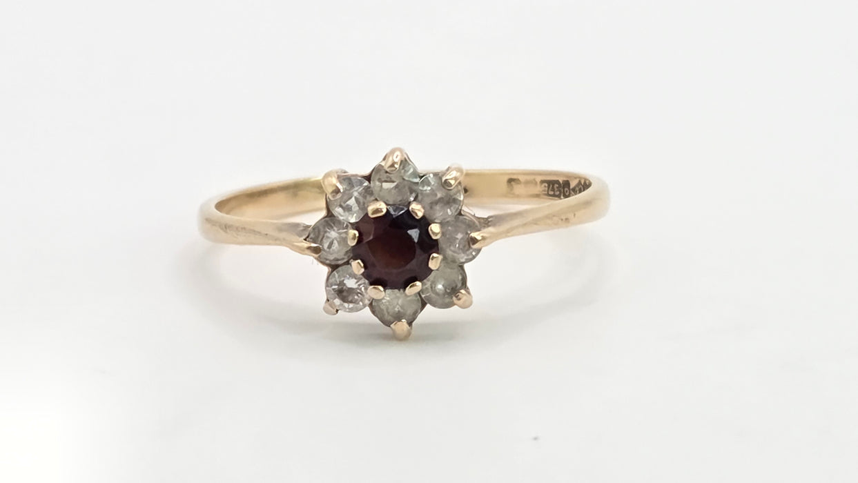 Vintage: 9ct Yellow Gold Garnet & White Spinel Round Cluster Ring — From 1972