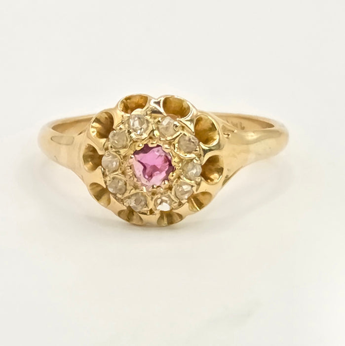 Vintage: 18ct Yellow Gold Pink Topaz & Diamond Floral Cluster Ring