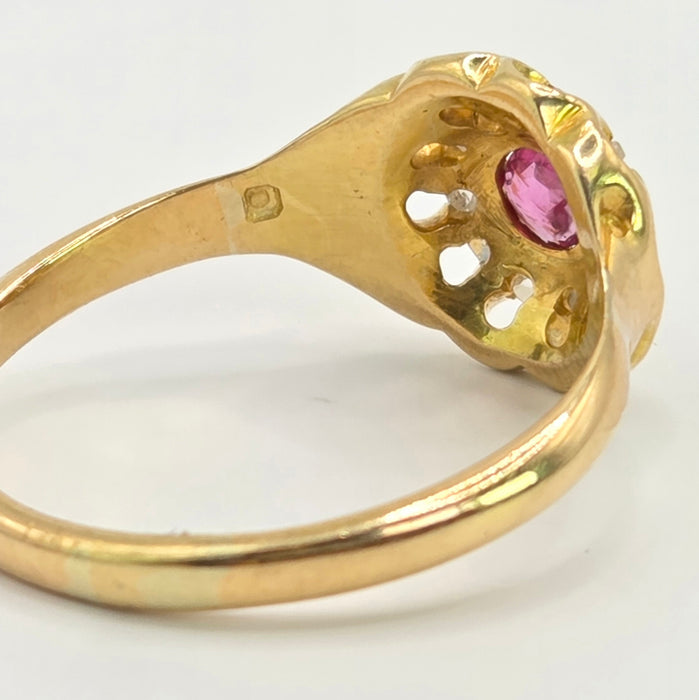 Vintage: 18ct Yellow Gold Pink Topaz & Diamond Floral Cluster Ring