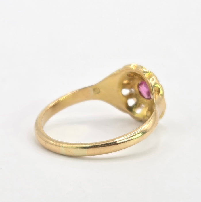 Vintage: 18ct Yellow Gold Pink Topaz & Diamond Floral Cluster Ring