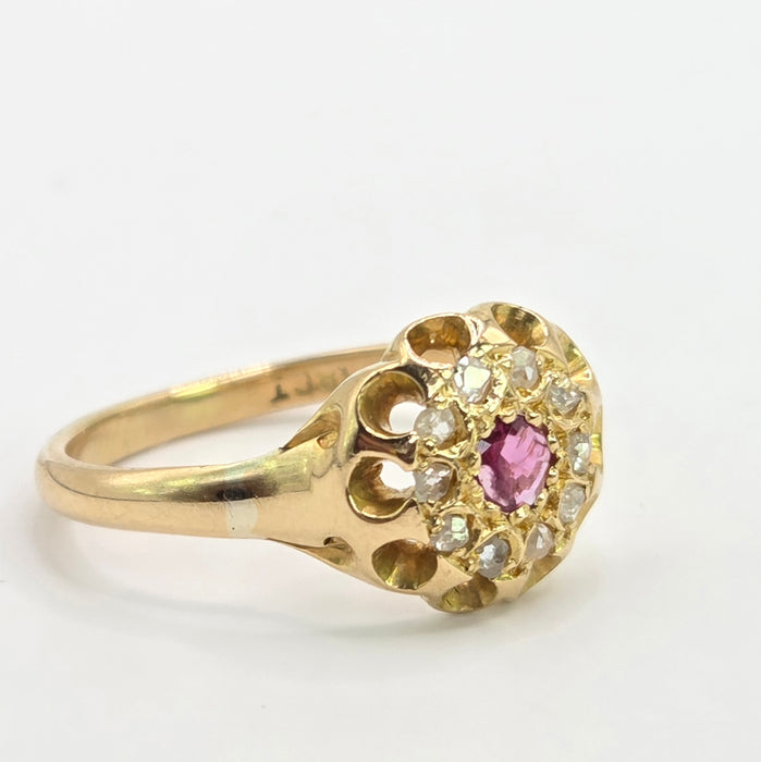 Vintage: 18ct Yellow Gold Pink Topaz & Diamond Floral Cluster Ring