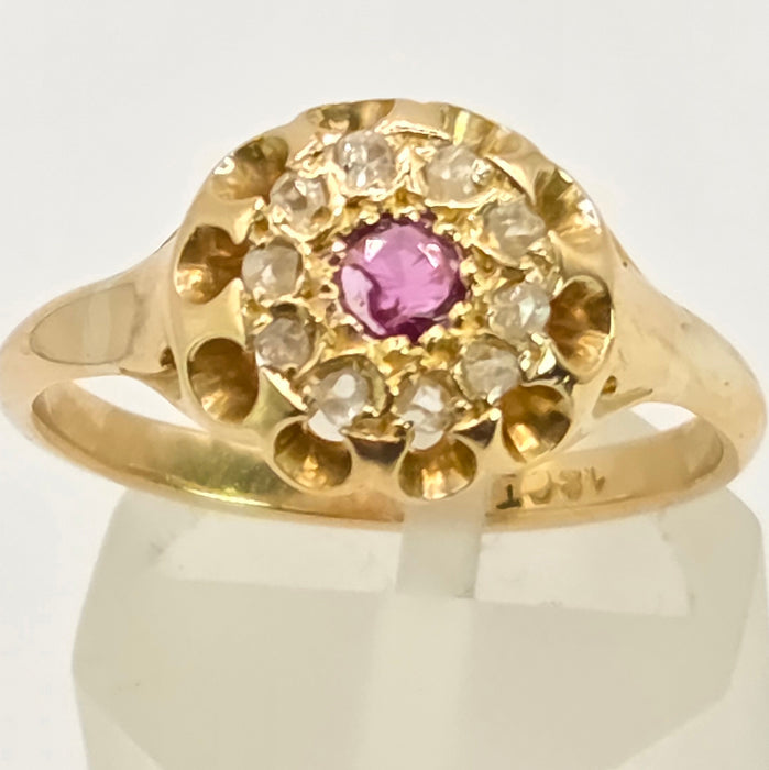 Vintage: 18ct Yellow Gold Pink Topaz & Diamond Floral Cluster Ring