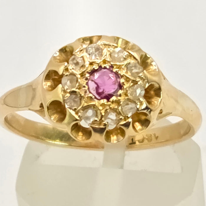 Vintage: 18ct Yellow Gold Pink Topaz & Diamond Floral Cluster Ring
