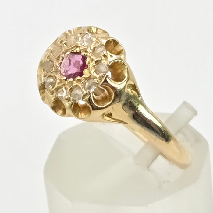 Vintage: 18ct Yellow Gold Pink Topaz & Diamond Floral Cluster Ring