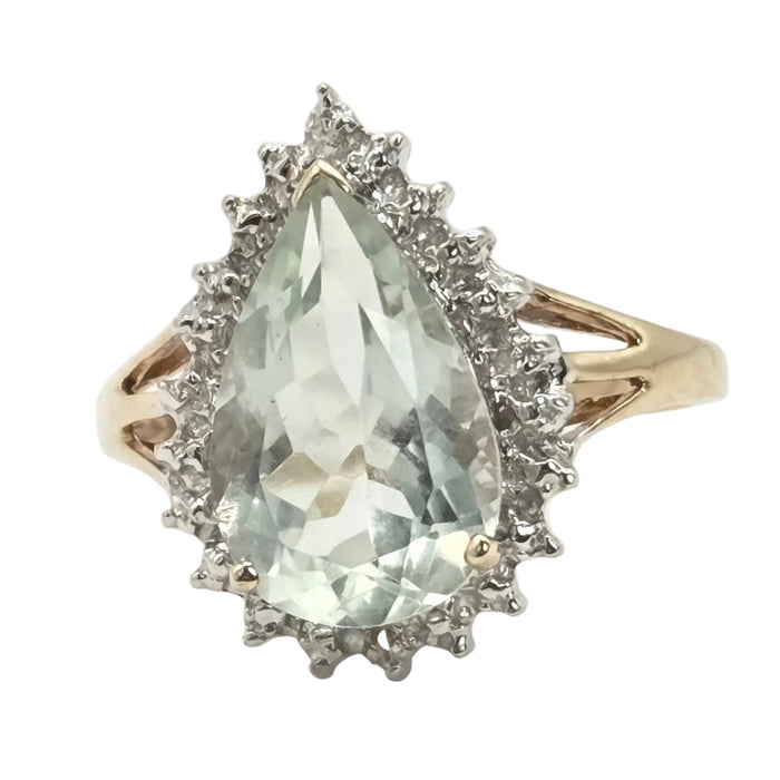 Vintage: 9ct Yellow Gold Green Quartz & Diamond Cluster Ring
