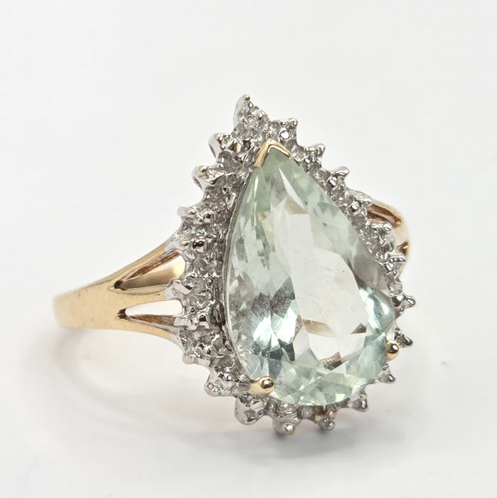 Vintage: 9ct Yellow Gold Green Quartz & Diamond Cluster Ring