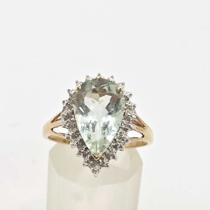 Vintage: 9ct Yellow Gold Green Quartz & Diamond Cluster Ring