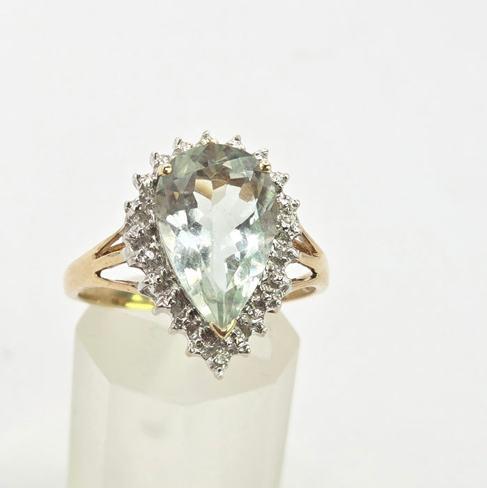 Vintage: 9ct Yellow Gold Green Quartz & Diamond Cluster Ring