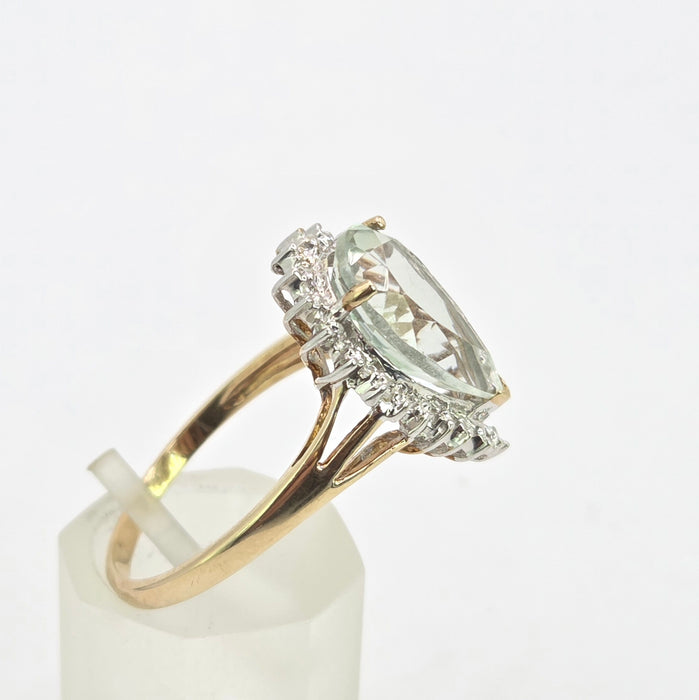 Vintage: 9ct Yellow Gold Green Quartz & Diamond Cluster Ring