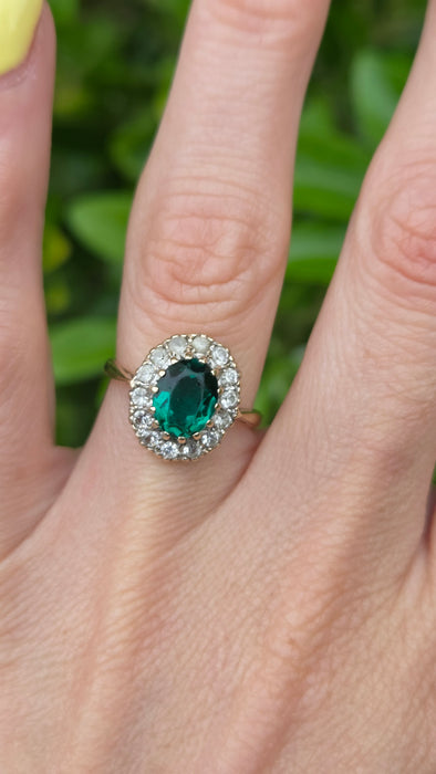 Vintage: 9ct Yellow Gold Emerald & Diamond Oval Cluster Ring — From 1967