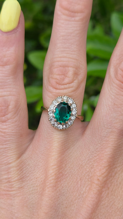 Vintage: 9ct Yellow Gold Emerald & Diamond Oval Cluster Ring — From 1967