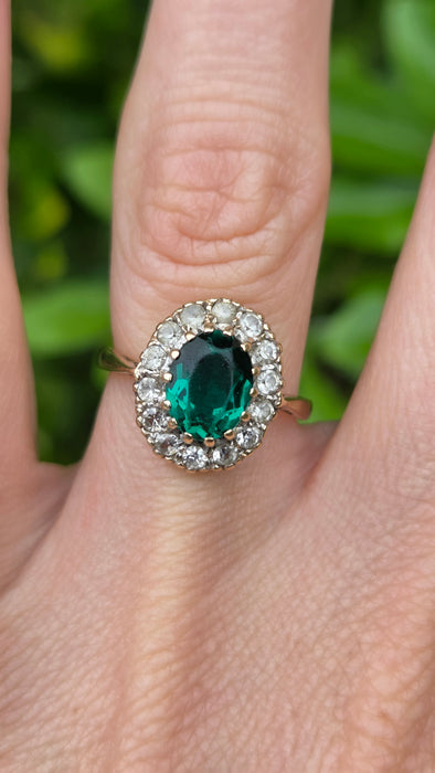 Vintage: 9ct Yellow Gold Emerald & Diamond Oval Cluster Ring — From 1967