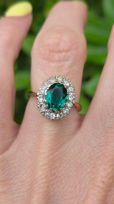 Vintage: 9ct Yellow Gold Emerald & Diamond Oval Cluster Ring — From 1967
