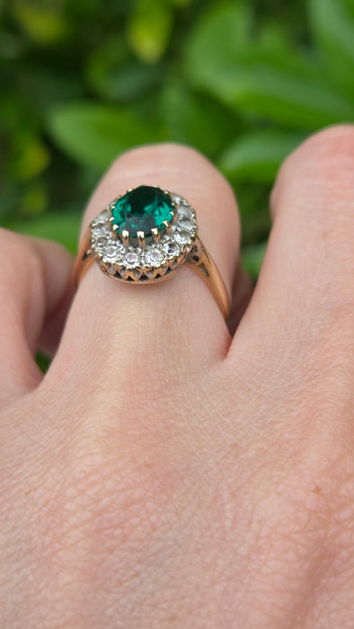 Vintage: 9ct Yellow Gold Emerald & Diamond Oval Cluster Ring — From 1967