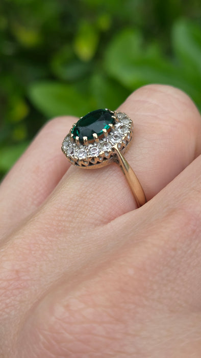 Vintage: 9ct Yellow Gold Emerald & Diamond Oval Cluster Ring — From 1967