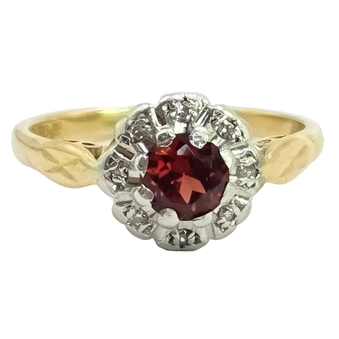 Vintage: 18ct Yellow Gold Garnet & Diamond Cluster Ring — From 1975