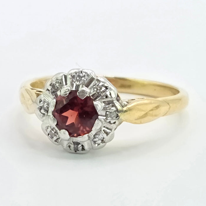 Vintage: 18ct Yellow Gold Garnet & Diamond Cluster Ring — From 1975