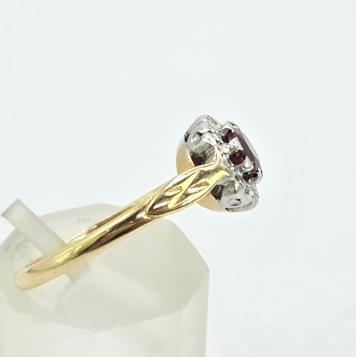 Vintage: 18ct Yellow Gold Garnet & Diamond Cluster Ring — From 1975