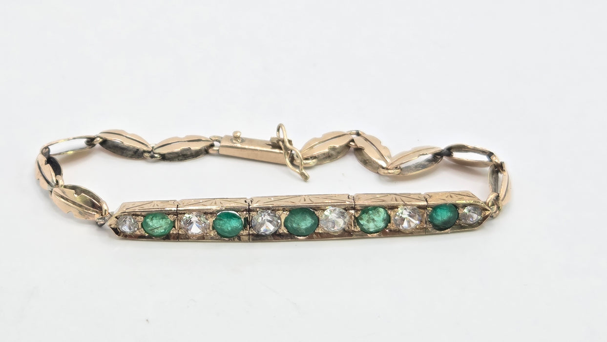 Vintage: 14ct Yellow Gold Emerald & White Sapphire Bracelet
