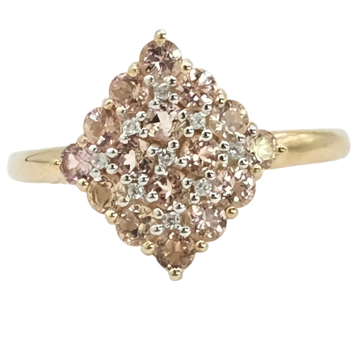 Vintage: 9ct Yellow Gold Morganite & White Spinel Cluster Ring