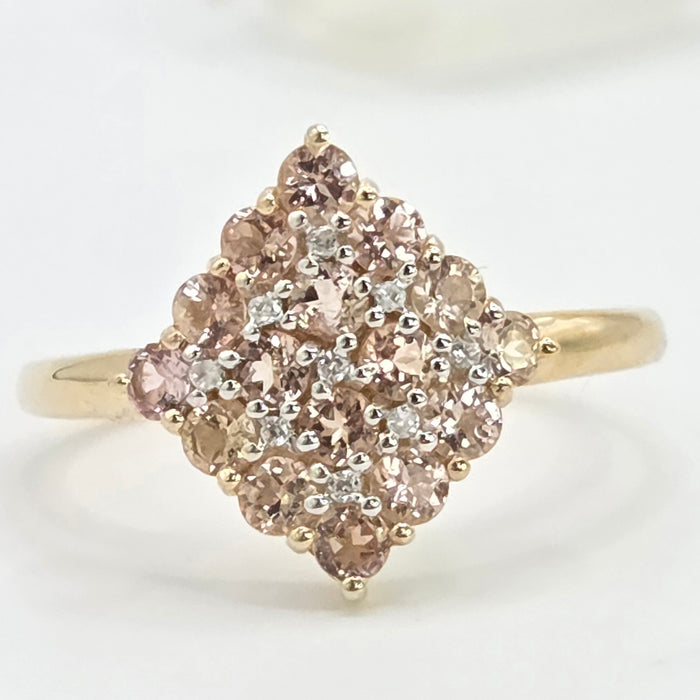 Vintage: 9ct Yellow Gold Morganite & White Spinel Cluster Ring
