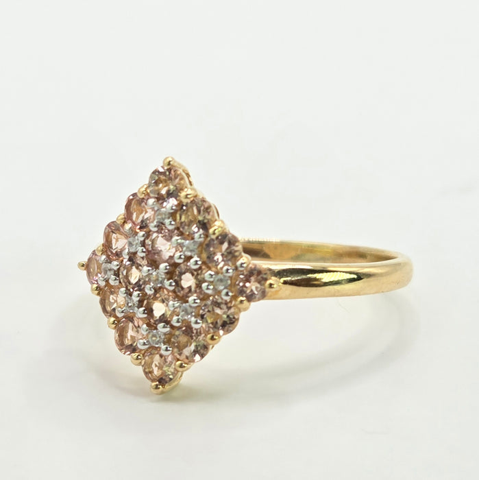 Vintage: 9ct Yellow Gold Morganite & White Spinel Cluster Ring