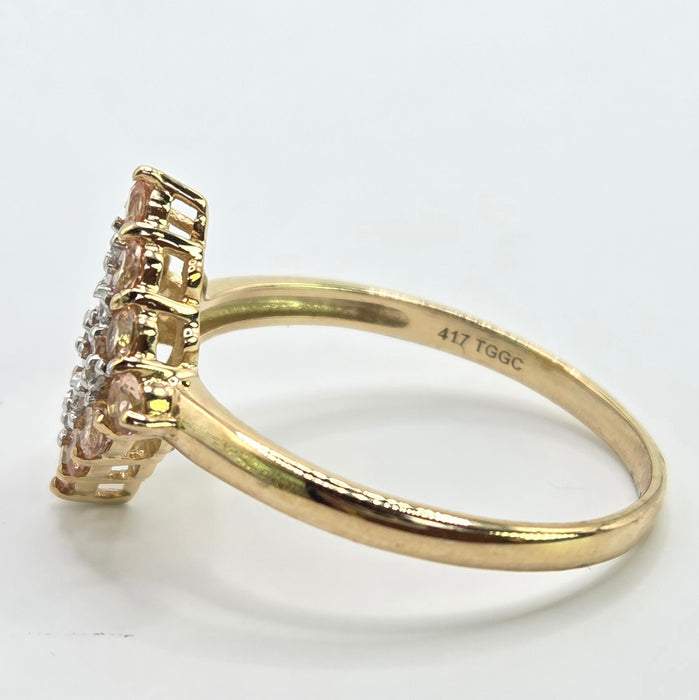 Vintage: 9ct Yellow Gold Morganite & White Spinel Cluster Ring