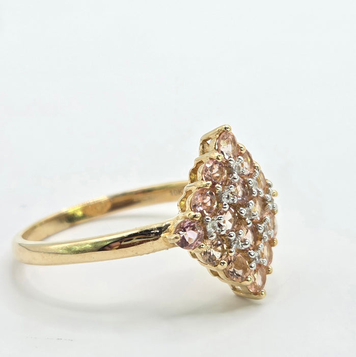 Vintage: 9ct Yellow Gold Morganite & White Spinel Cluster Ring