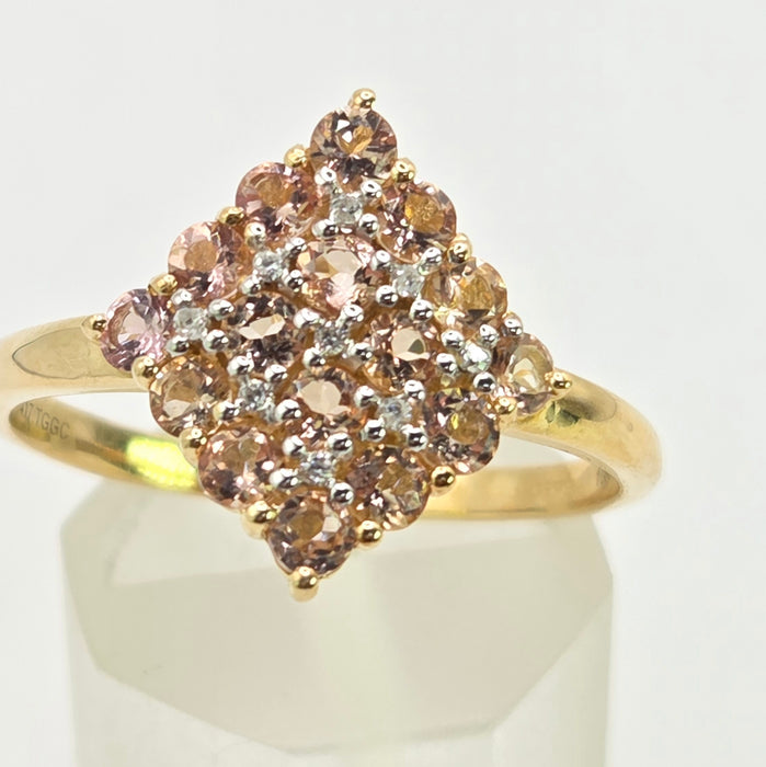 Vintage: 9ct Yellow Gold Morganite & White Spinel Cluster Ring