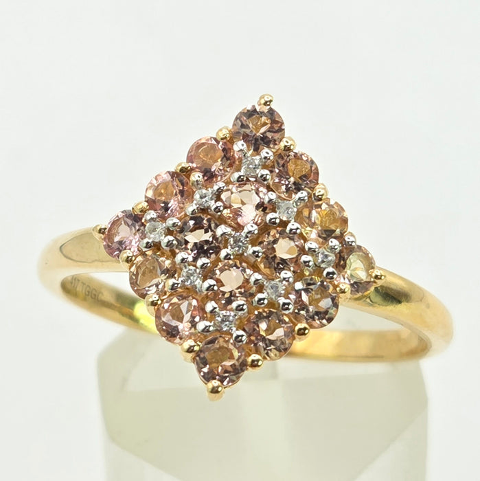 Vintage: 9ct Yellow Gold Morganite & White Spinel Cluster Ring