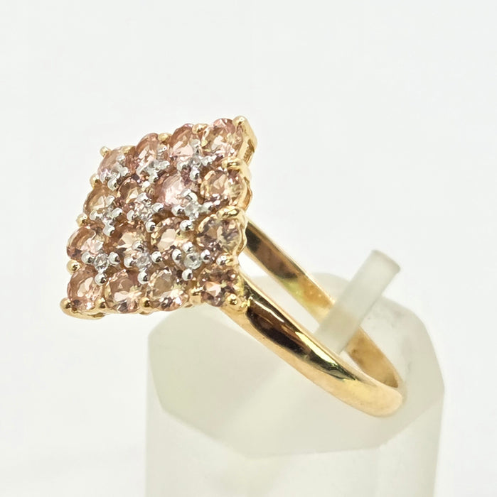 Vintage: 9ct Yellow Gold Morganite & White Spinel Cluster Ring