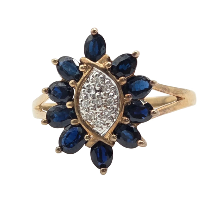 Vintage: 9ct Yellow Gold Sapphire & Diamond Flowerhead Cluster Ring