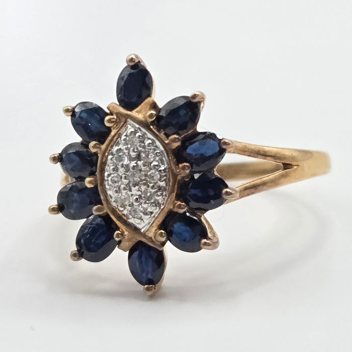 Vintage: 9ct Yellow Gold Sapphire & Diamond Flowerhead Cluster Ring
