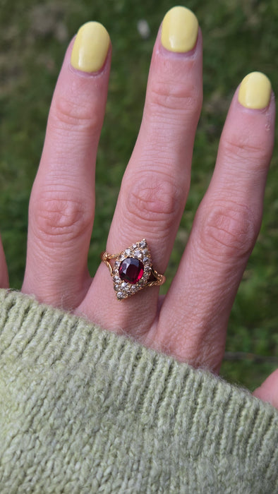 Vintage: 18ct Yellow Gold Garnet & Diamond Navette Style Dress Ring — 0.80ct