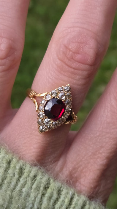 Vintage: 18ct Yellow Gold Garnet & Diamond Navette Style Dress Ring — 0.80ct