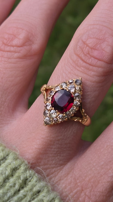 Vintage: 18ct Yellow Gold Garnet & Diamond Navette Style Dress Ring — 0.80ct