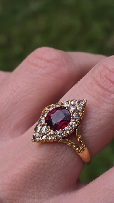 Vintage: 18ct Yellow Gold Garnet & Diamond Navette Style Dress Ring — 0.80ct
