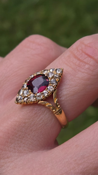 Vintage: 18ct Yellow Gold Garnet & Diamond Navette Style Dress Ring — 0.80ct