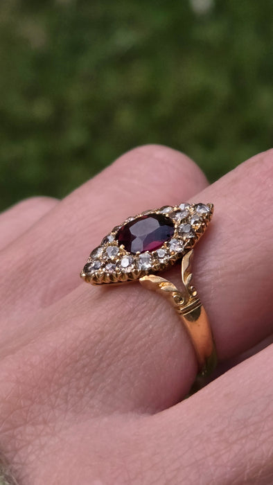 Vintage: 18ct Yellow Gold Garnet & Diamond Navette Style Dress Ring — 0.80ct