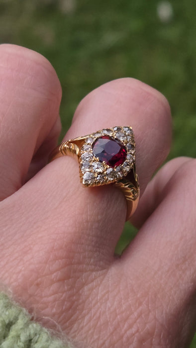 Vintage: 18ct Yellow Gold Garnet & Diamond Navette Style Dress Ring — 0.80ct