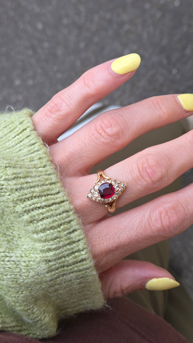 Vintage: 18ct Yellow Gold Garnet & Diamond Navette Style Dress Ring — 0.80ct